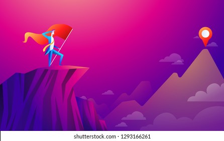 Businessman with flag on a Mountain peak, success and mission, Business target and victory and motivation, winner on top and looking forward to next mission.