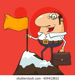 Businessman with flag on a Mountain peak, success and mission, Business target and victory and motivation, winner on top. Flat style, success image