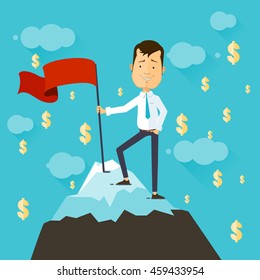 Businessman with flag on a Mountain peak, success and mission, Business target and victory and motivation, winner on top. Flat style, success image
