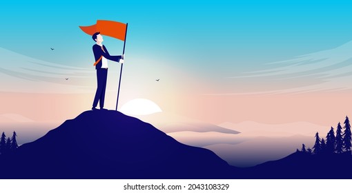 Businessman with flag on mountaintop - Person raising flag outdoors with sunrise and epic landscape. On top of business concept. Vector illustration