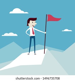 Businessman with flag on top of mountain