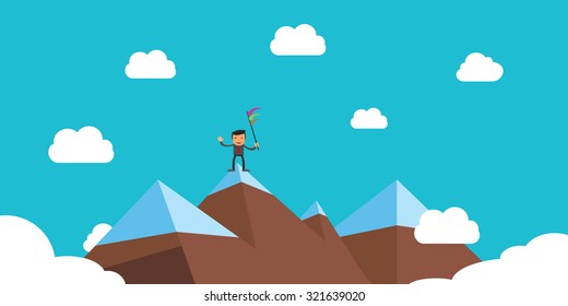 businessman with flag on top of mountain to show his successful life