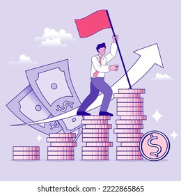 Businessman with a flag on top of a stack of gold coins. Banking and business growing. Currency Exchange Service. Savings or income increase, growth. Vector flat illustration.
