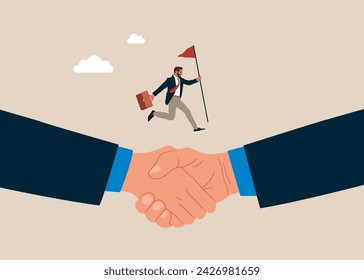 Businessman with flag running from hand to hand. Business deal, agreement, contract, executive handshaking. leadership business concept illustration - Vector