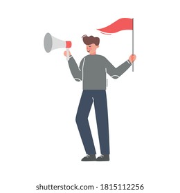Businessman with Flag Shouting Through Loudspeaker, Social Media Marketing Concept, Business Promotion, Advertising Cartoon Vector Illustration
