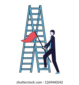 businessman with flag and stairs success