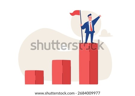 Businessman with flag standing on highest bar chart, symbolizing victory, leadership, financial success, business growth, ambition, achievement, and economic prosperity concept.