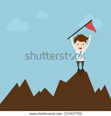 Businessman with flag standing on the top of a rock.