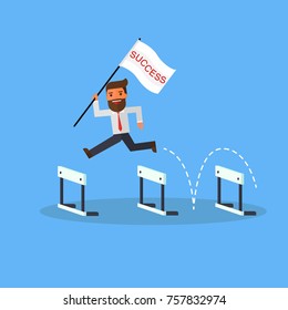businessman with flag success jump over hurdles