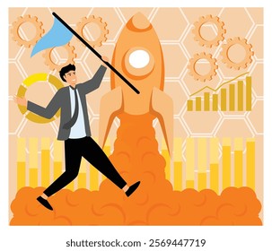 Businessman with a flag symbolizing ambition, standing beside a launching rocket surrounded by graphs and gears, conveying themes of success, growth, and entrepreneurship. 