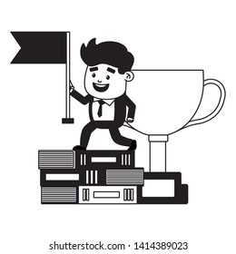 businessman with flag trophy on books success vector illustration