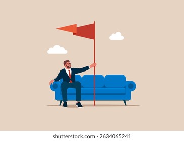 Empresário com bandeira enquanto se senta confortavelmente em um sofá. Negócios corporativos de sucesso. Ilustração vetorial plana moderna.