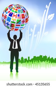 Businessman with Flags Globe Original Vector Illustration