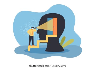 Businessman with flashlight directing light into open door. Tiny man standing at entrance to human mind flat vector illustration. Career concept for banner, website design or landing web page