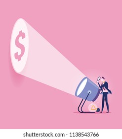 Businessman with flashlight and dollar sign