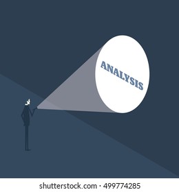 Businessman with a flashlight looking at word analysis on the wall. Symbol of searching for solution. Eps10 vector illustration.