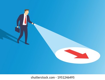 Businessman With Flashlight Uncovering Hidden Arrow Sign, Searching Direction Clue To Success, Flat Design Vector Illustration