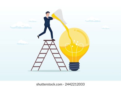 Businessman with flask mixing experiment light bulb idea, experimentation, research or test new idea, discover success solution or experiment new business idea, innovative or invention (Vector)