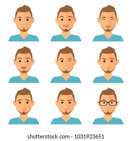 Businessman flat avatars set with different facial expressions. Bussines people's emotional faces icons collection. Vector illustration.