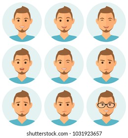 Businessman flat avatars set with different facial expressions. Bussines people's emotional faces icons collection. Vector illustration.