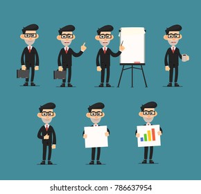 Businessman flat character with flip chart