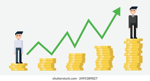 Businessman flat design, growth money arrow of success financial business on coin stacks investment earnings of profit graph. Vector illustration