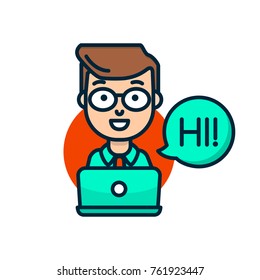 Businessman flat line icon. Cute smiling man say Hi behind laptop. Support customer service worker concept. Virtual assistant avatar icon. Vector modern line character illustration isolated on white
