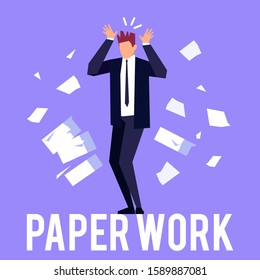 Businessman in a flat style isolated on blue background. Man is stressed from hard paperwork. Shocked office worker. Deadline. Vector illustration.