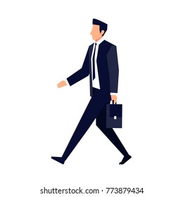 Businessman in a flat style isolated on white background. An office worker walks with a briefcase in his hand. Vector illustration.