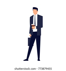 Businessman in a flat style isolated on white background.  Office worker standing with a coffee in hand. Vector illustration.