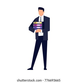 Businessman in a flat style isolated on white background. Office worker standing with a stack of folders for papers in hands. Vector illustration.