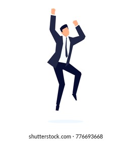 Businessman in a flat style isolated on white background. The office worker jumps for joy. Vector illustration.