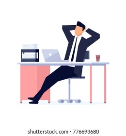 Businessman in a flat style isolated on white background. The office worker relaxes leaning back in his chair. Manager immersed in dreams in the workplace. Vector illustration.