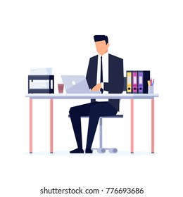 Businessman in a flat style isolated on white background. The office worker sits at the desk and works on a computer. Manager immersed in work in the workplace. Vector illustration.