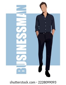 Businessman in a flat style on a white background. Stylish man in a business suit with an interesting background and with the inscription businessman .