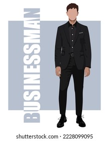 Businessman in a flat style on a white background. Stylish man in a business suit with an interesting background and with the inscription businessman .