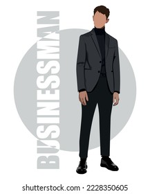 Businessman in a flat style on a white background. Stylish man in a business suit with an interesting background and with the inscription businessman .