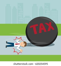 Businessman flattened by big ball tax, vector illustration cartoon
