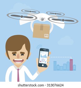 Businessman is flaying a drone. Send a package concept