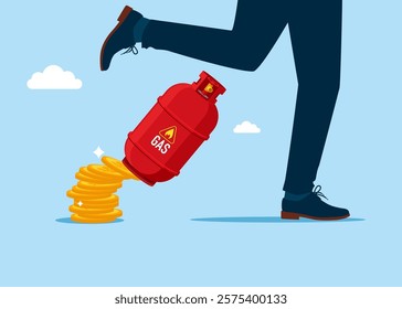 Businessman fled from a falling gas cylinder fell from a pile of coins. Freeze natural gas prices. Modern vector illustration in flat style