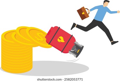 Businessman fled from a falling gas cylinder fell from a pile of coins. Freeze natural gas prices. Modern vector illustration in flat style

