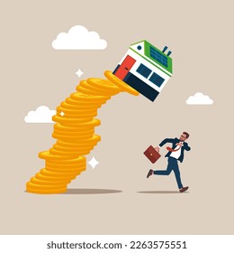 Businessman fled from a falling house. The house fell from a pile of coins. Modern vector illustration in flat style