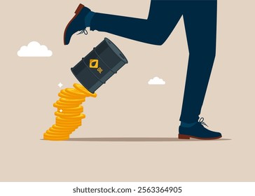 Businessman fled from a falling oil barrels fell from a pile of coins. Freeze energy prices. Modern vector illustration in flat style