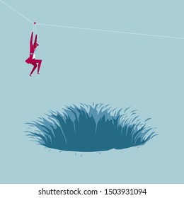 Businessman fleeing the danger using a pulley. Isolated on blue background.