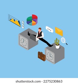 Businessman with flexible work time schedule 3d isometric vector illustration concept for banner, website, landing page, ads, flyer template