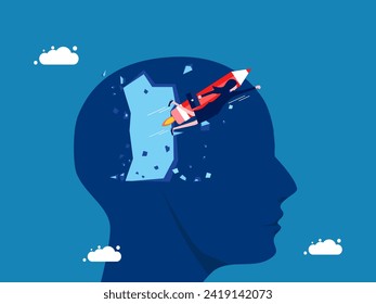 Businessman flie a rocket pencil flying out of a big head