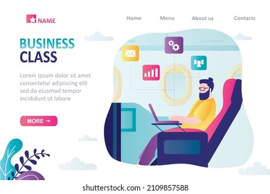 Businessman flies business trip. Male character working while flying on airplane. Successful guy flying comfortably, business class, landing page template. Aircraft cabin interior. Vector illustration
