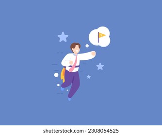 a Businessman flies by using a rocket pack or a jet pack to get to their destination quickly. A fast way to quickly achieve your target and succeed. shortcuts. business and goals. illustration concept