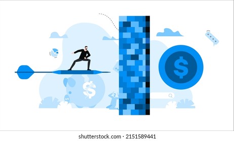 Businessman flies on dart like on surfboard. Wall, barrier, problem. Animation ready duik friendly vector. Conceptual business story. Financial crisis, economic recession, bankruptcy, depression.