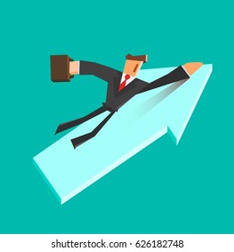 Businessman flies on a growing arrow. Success concept. Vector illustration